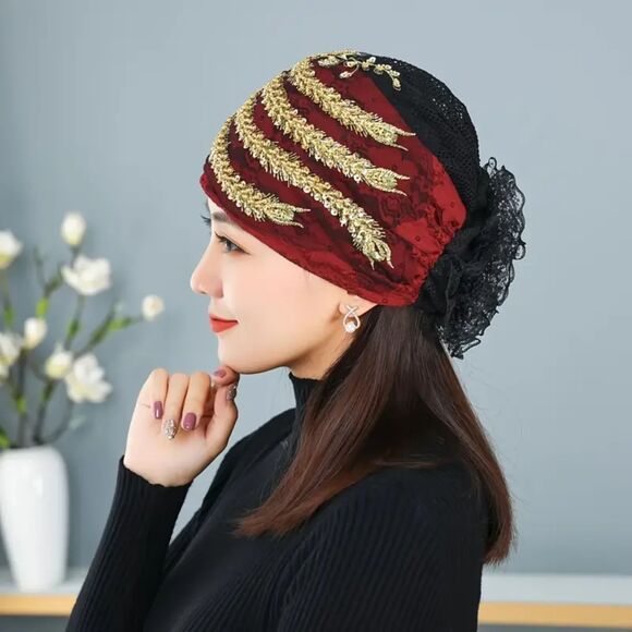 Red Beanie with Golden Beads Breathable Head Wrap and Chemo Cap Women & Girls - Picture 12 of 15